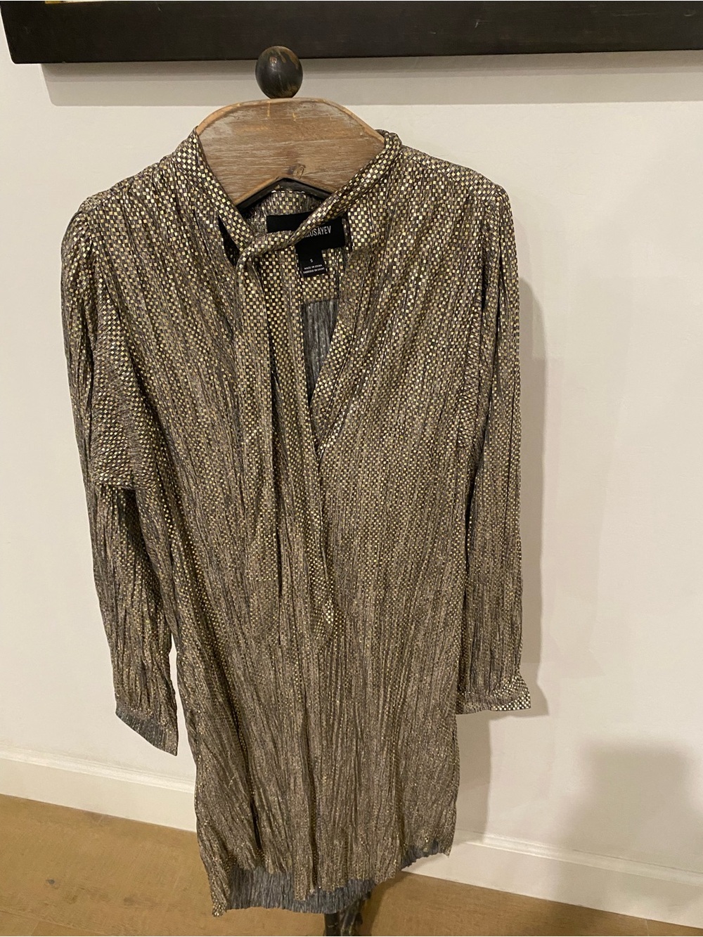 Sabina Musayev Metallic Bronze Long Sleeve Pleated Dress